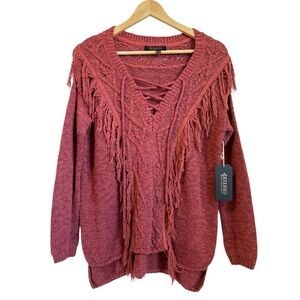 Shyanne Sweater Women Size XS Brown Red Western Fringe Cable Knit Corset Boho